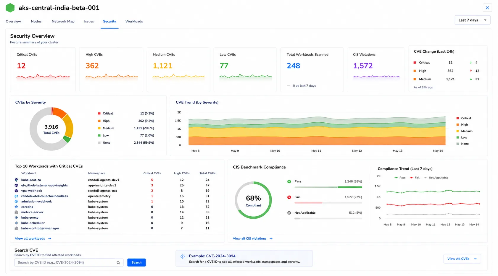 Randoli security dashboard showing CVE counts and CIS Benchmark scoring per workload